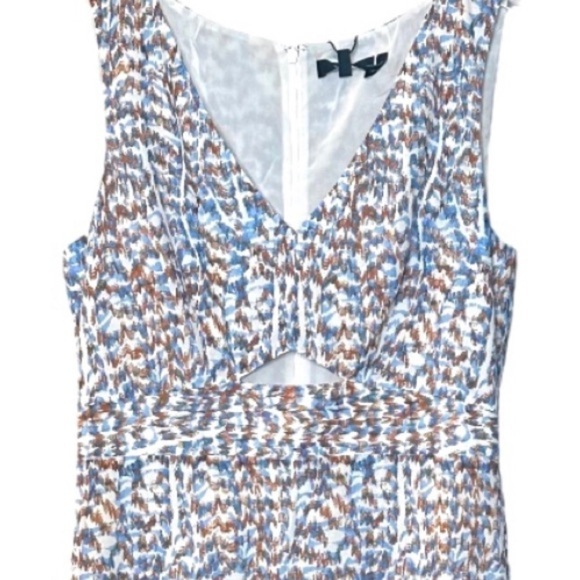 THEORY Abstract Print A-Line Sleeveless V-Neck Cut-Out Cocktail Midi Dress NEW - Picture 11 of 15